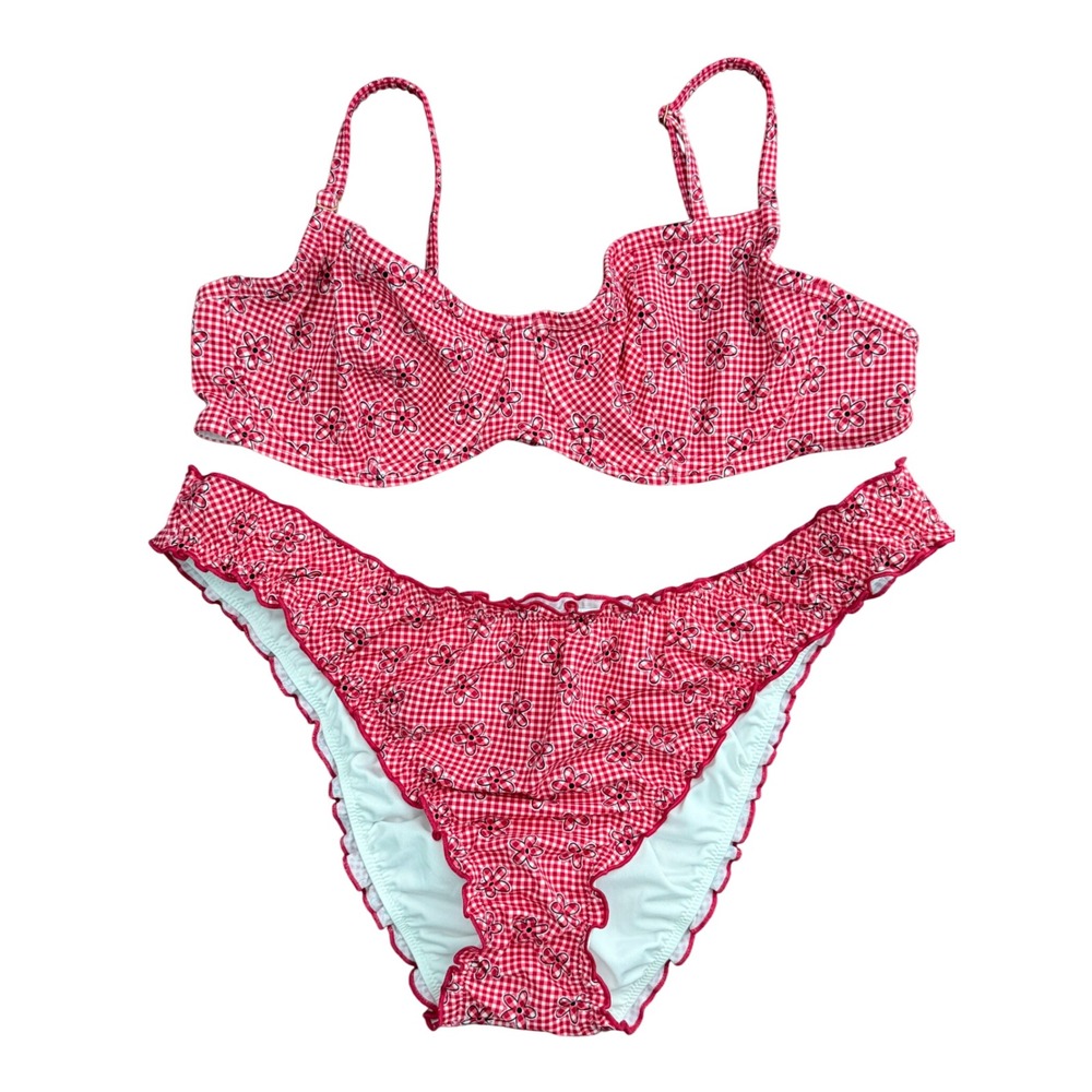 PINK by Frankies Bikinis Red Gingham Floral Underwire Bikini Set L XL NEW